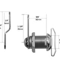 Five Eighths Inch Thumb Operated Offset Cam Lock for RV Compartments side view with measurements