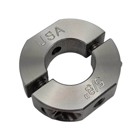 5/8" (0.625") Bore Mountable Two-Piece Clamping Shaft Collar in 303 Stainless Steel - Made in USA, close-up view.