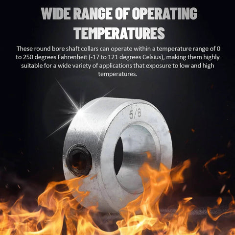 (4-Pack) Zinc Plated Carbon Steel 5/8\" Bore Shaft Collars Sets with wide temperature range, surrounded by flames, text overlay