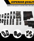 58-piece T slot hold-down clamp kit with cast steel components and plastic storage box.