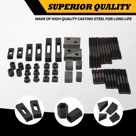 58-piece T slot hold-down clamp kit with cast steel components and plastic storage box.