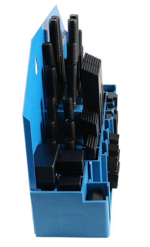 Side view of 58 Piece Steel Clamping Kit with Wall Holder for table slot 5/8 inch and stud size 1/2 inch, ideal for milling Accusize