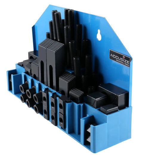 58 Piece Steel Clamping Kit With Wall Holder For Table Slot Five Eighths Inch And Stud Size One Half Inch With Thirteen Threads Per Inch Ideal For Heavy Duty Milling And Bridgeport Style Workpieces Accusize displayed on blue wall holder