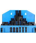 Pro Series 58-piece T-slot clamping kit for Bridgeport mill with studs, nuts, and blocks displayed on wall mount.