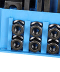 Hex nuts in Pro Series 58 Piece T Slot Hold Down Clamp Kit for Milling Machines on blue storage board