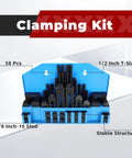 58 Piece Pro Series One Half Inch T Slot Clamp Kit with 3/8-16 Thread Studs for Bridgeport Milling Machines in blue holder