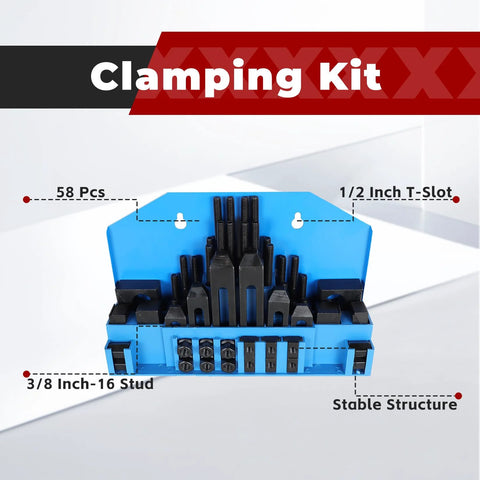 58 Piece Pro Series One Half Inch T Slot Clamp Kit with 3/8-16 Thread Studs for Bridgeport Milling Machines in blue holder