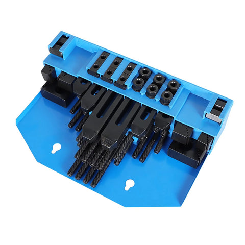 58-piece T-slot clamping kit for Bridgeport mill in blue storage tray, ideal for secure setups on milling machines.