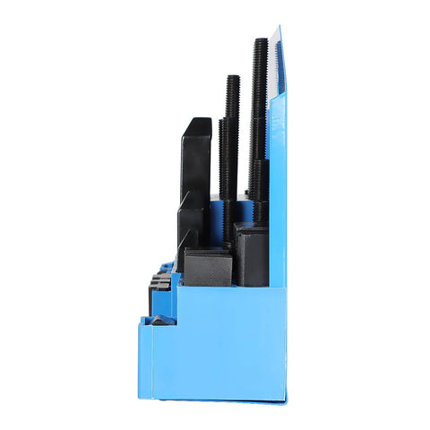Side view of the Pro Series 58 Piece T Slot Hold Down Clamp Kit For Milling Machines in blue case with visible studs and blocks.