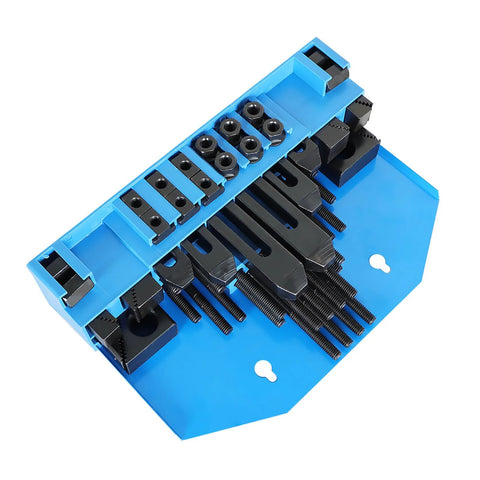 Pro Series 58 Piece T Slot Hold Down Clamp Kit for Milling Machines displayed in blue organizer with studs and step blocks