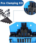 Pro Series 58 Piece Half Inch T Slot Three Eighths Inch Stud Clamping Kit for Bridgeport Mills on blue stand