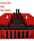 Front view of 58 Piece T Slot Clamping Kit For Milling Machines And Drill Presses With Hardened Steel Construction, shown in red holder.