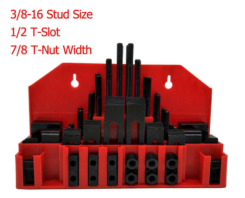 Front view of 58 Piece T Slot Clamping Kit For Milling Machines And Drill Presses With Hardened Steel Construction, shown in red holder.