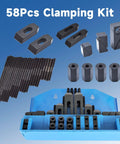 Pro Series 58 Piece Half Inch T Slot Three Eighths Inch Stud Clamping Kit for Bridgeport Mills with visible cast steel components and storage case.
