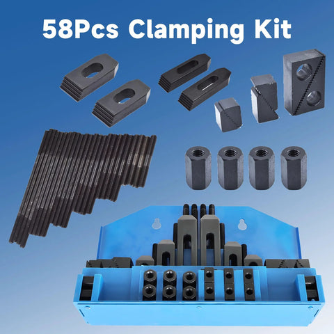 Pro Series 58 Piece Half Inch T Slot Three Eighths Inch Stud Clamping Kit for Bridgeport Mills with visible cast steel components and storage case.