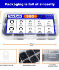 580Pcs E Clip Snap Ring Kit Built Tough For Pros And DIYers 65Mn Steel External Retaining Rings in clear case with labeled sections