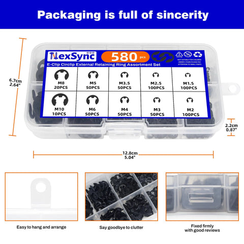 580Pcs E Clip Snap Ring Kit Built Tough For Pros And DIYers 65Mn Steel External Retaining Rings in clear case with labeled sections