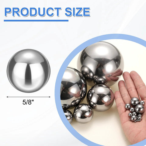 12 Pack Five Eighth Inch Chrome Steel Bearing Balls G25 Precision Grade, hand holding various sizes, shiny finish