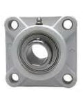 Front view of 5/8 in (15.88 mm) single 4-bolt flange housing with set screw, stainless steel body and white plastic insert