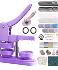 58mm Button Maker Kit with No-Install Press, 100 sets, circle cutter, and accessories for badges crafts school projects, purple machine