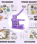 Image of a 58mm Button Maker Kit with No Install Needed Button Press Includes 100 Sets Supplies, showing uses like pins and fridge magnets.