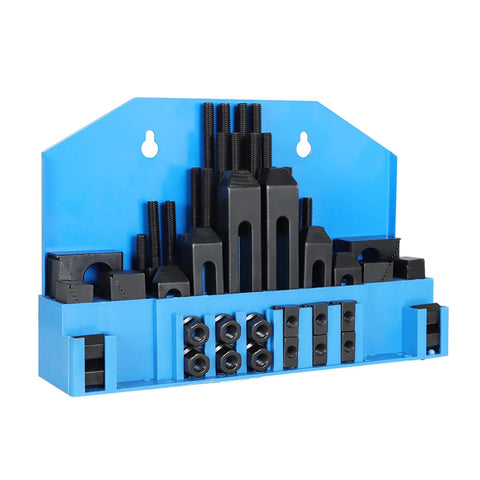 Ultimate 58Pcs Machine Fixture Clamping Kit with blue holder for milling machines, featuring T-nuts, studs, clamps, and blocks