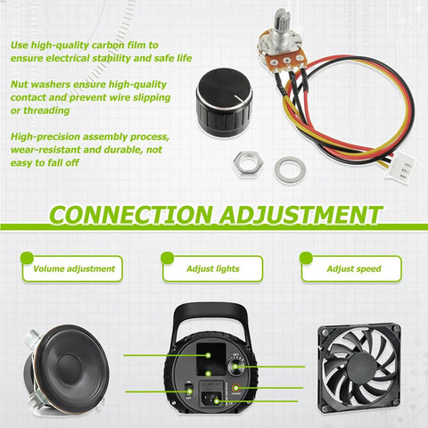 5K Ohm Linear Taper Rotary Potentiometer WH148 with XH2.54 3 pin connector, black knob cap, and cable for DIY electronics audio gear