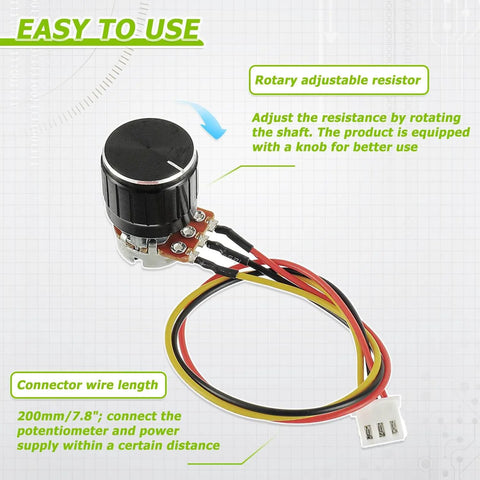 5K Ohm Linear Taper Rotary Potentiometer WH148 With XH2.54 3 Pin Connector Wire Cable And Black Knob Cap, instructional graphic