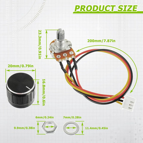 5K Ohm Linear Taper Rotary Potentiometer WH148 with XH2.54 3 pin connector wire and black knob, product dimensions shown