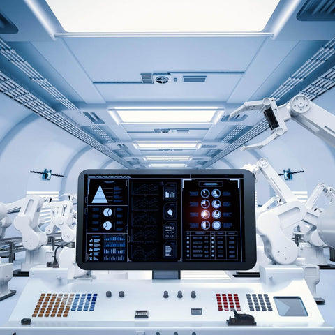 High-tech control room with advanced robotics and display, relevant to 5V Rotary Encoder Module With 20 Pulses Per Revolution Optical Scanning Technology