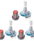 5V Rotary Encoder Module with 20 Pulses per Revolution Optical Scanning Technology shown with red knob caps for EC11 Boards.
