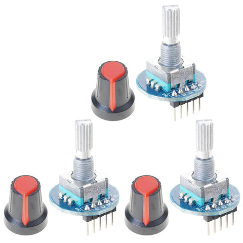 5V Rotary Encoder Module with 20 Pulses per Revolution Optical Scanning Technology shown with red knob caps for EC11 Boards.