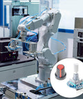 Robotic arm in industrial setting with inset showing 5V Rotary Encoder Module With 20 Pulses Per Revolution Optical Scanning Technology For EC11 Boards Incremental Digital Encoder That Counts Pulses On Positive And Negative Rotations Plug And Play Robust And Reliable Sensor.