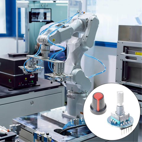 Robotic arm in industrial setting with inset showing 5V Rotary Encoder Module With 20 Pulses Per Revolution Optical Scanning Technology For EC11 Boards Incremental Digital Encoder That Counts Pulses On Positive And Negative Rotations Plug And Play Robust And Reliable Sensor.