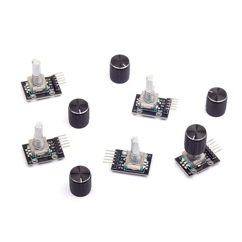 KY-040 Rotary Encoder Module Pack Of 5 With Knob Cap For Arduino 5V Pulse Encoder shown with aluminum knob caps