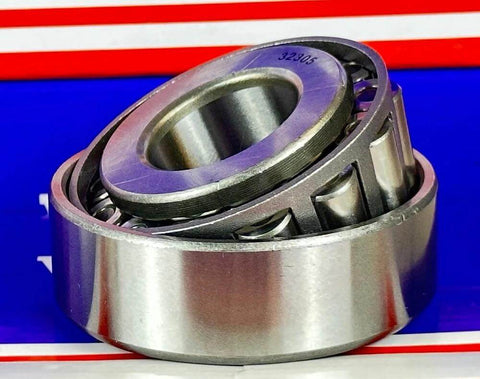 32305 Tapered Roller Wheel Bearing 25x62x24mm in chrome steel with cone and cup on colorful background.
