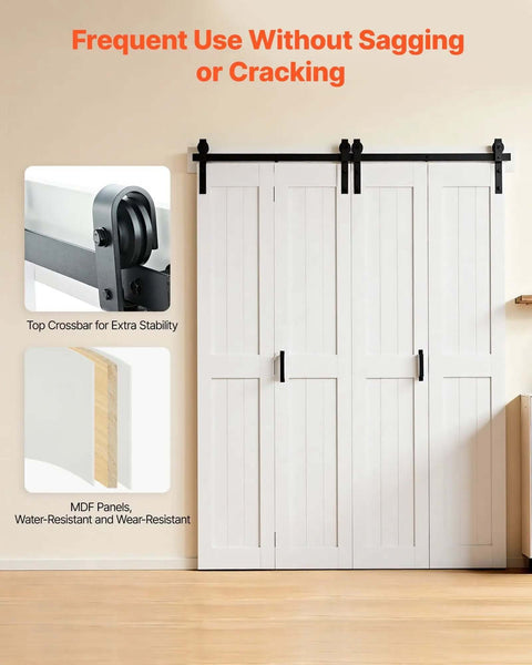 MDF Bifold Barn Door 72 By 84 Inches With Space Saving H Frame Easy Glide Track System Preassembled Panels Header Board And Hardware Kit Included Waterproof And Quiet White, shown with stability and water-resistant features.