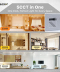 5CCT LED lighting options in living and kitchen areas, featuring a 12 Pack 6 Inch LED Recessed Ceiling Light Dimmable 2700K 5000K 5CCT 1200LM 12W 120V Canless Wafer Downlight ETL FCC IC High Brightness Energy Efficient Slim Canless Construction Ideal For Home Renovations Kitchens Living Rooms Offices.