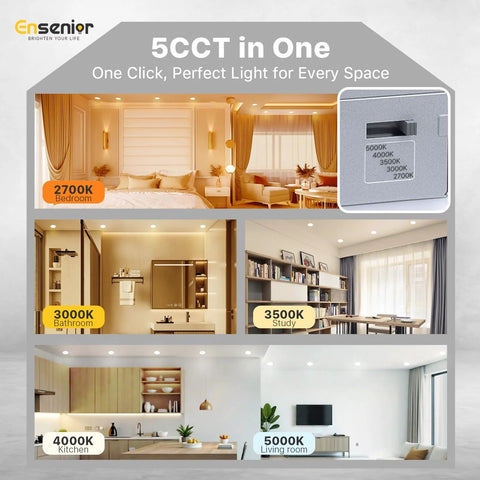 5CCT LED lighting options in living and kitchen areas, featuring a 12 Pack 6 Inch LED Recessed Ceiling Light Dimmable 2700K 5000K 5CCT 1200LM 12W 120V Canless Wafer Downlight ETL FCC IC High Brightness Energy Efficient Slim Canless Construction Ideal For Home Renovations Kitchens Living Rooms Offices.