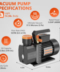 Diagram showing specifications of 5CFM Rotary Vane Vacuum Pump For HVAC Systems 0.5 HP 110V With 38 Micron Vacuum Level by POADTOR.