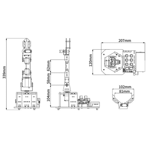 Technical diagram of 5DOF Arduino Robotic Arm Kit For AI Enabled Education Open Source STEM projects, showing dimensions and ports.