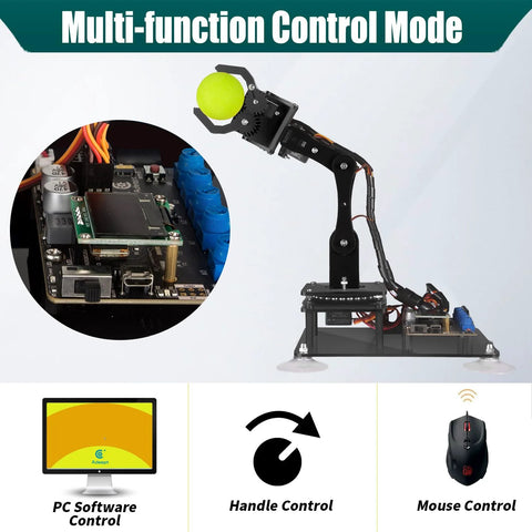 5 DOF Robotic Arm Kit Compatible With Arduino IDE holding ball, close-up on components and control options; STEM educational tool display.
