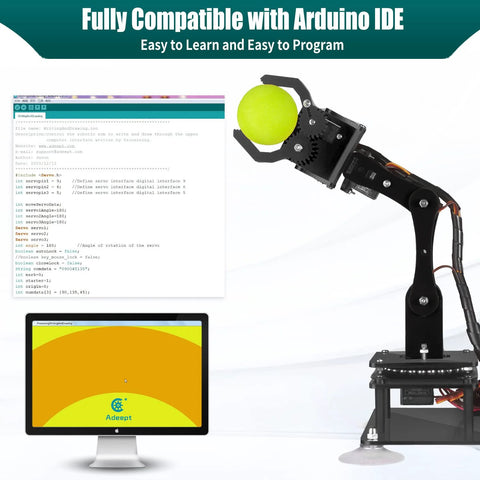 5 DOF Robotic Arm Kit Compatible With Arduino IDE Programmable STEM tool showing arm holding ball, code on screen