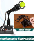 5 DOF Robotic Arm Kit Compatible With Arduino IDE showing manual control and potentiometer mode holding a ball