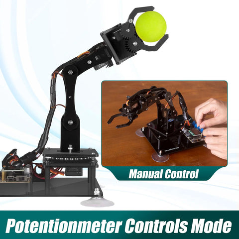 5 DOF Robotic Arm Kit Compatible With Arduino IDE showing manual control and potentiometer mode holding a ball