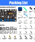 Packing list for 5 DOF Robotic Arm Kit Compatible With Arduino IDE, showing components like drive board, OLED, and screws.