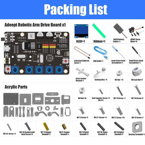 Packing list for 5 DOF Robotic Arm Kit Compatible With Arduino IDE, showing components like drive board, OLED, and screws.