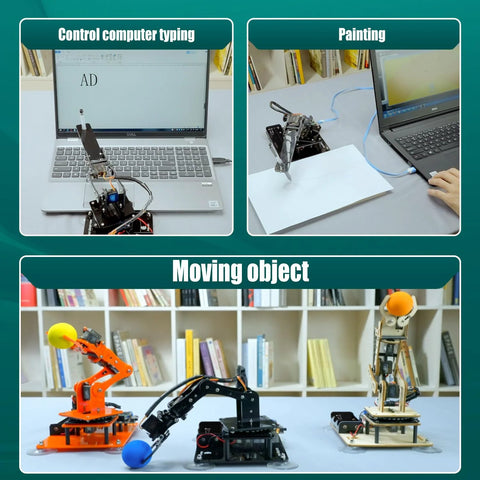 5 DOF Robotic Arm Kit Compatible With Arduino IDE displaying typing, painting, and moving objects for STEM education