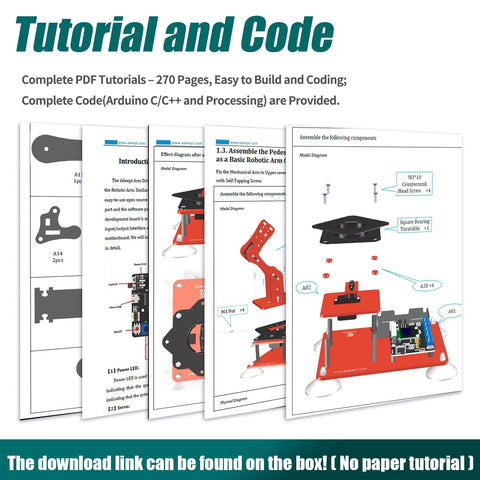 5 DOF Robotic Arm Kit Compatible With Arduino IDE instructional guide showing assembly steps and code for educational use.