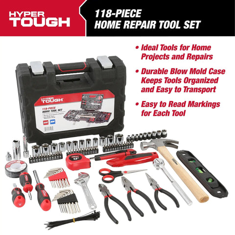 All In One 118 Piece Home Repair Tool Set With Hammer, Adjustable Wrench, Pliers, Level And Ratchet Socket Kit For Diy Projects